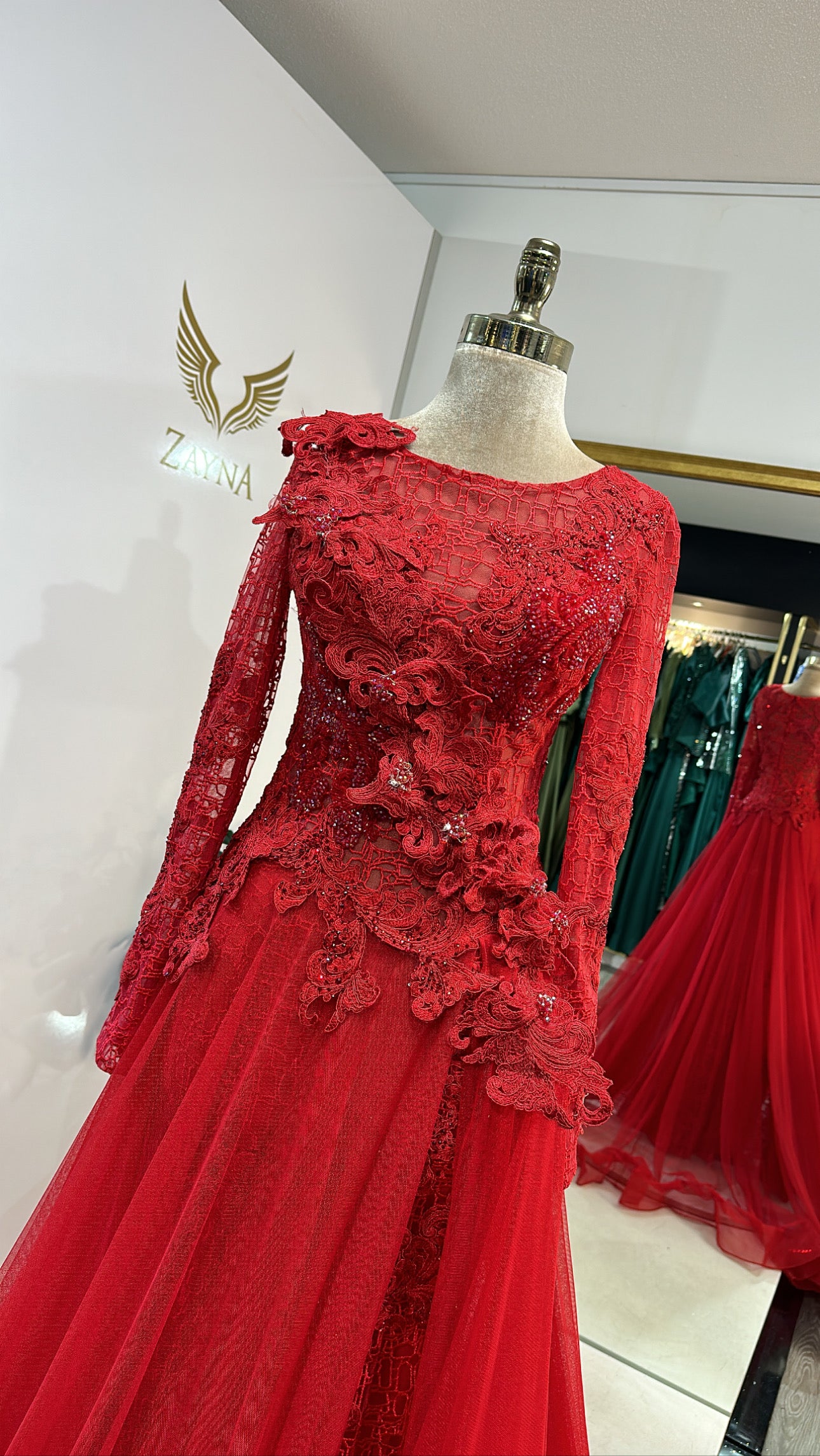 Beautiful red dress worked, design, tulle, lace