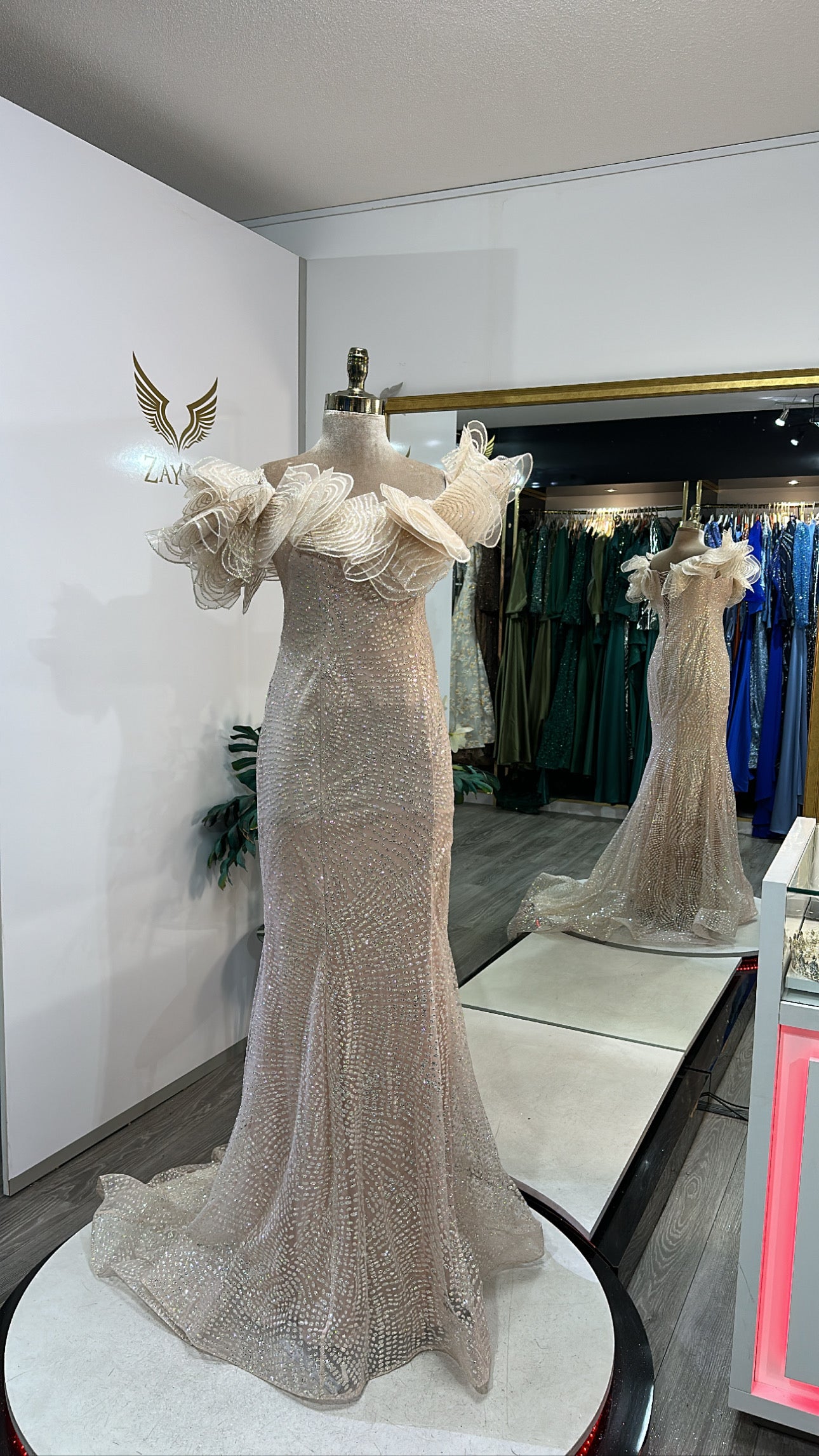 Elegant beige dress design, sparkles