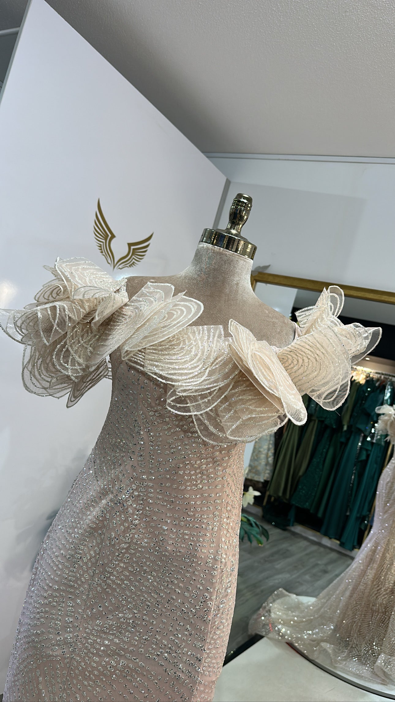 Elegant beige dress design, sparkles