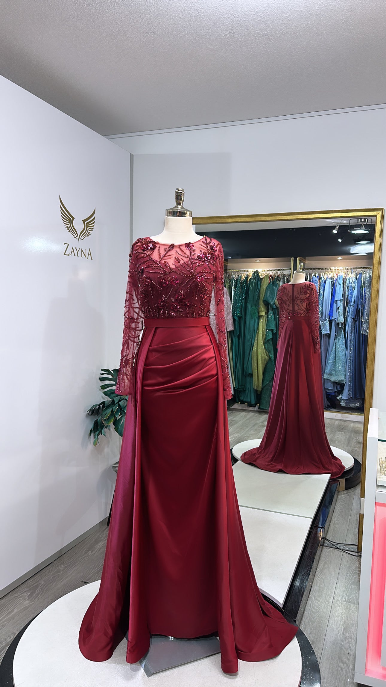Elegant bordo dress edited, train, satin, tulle