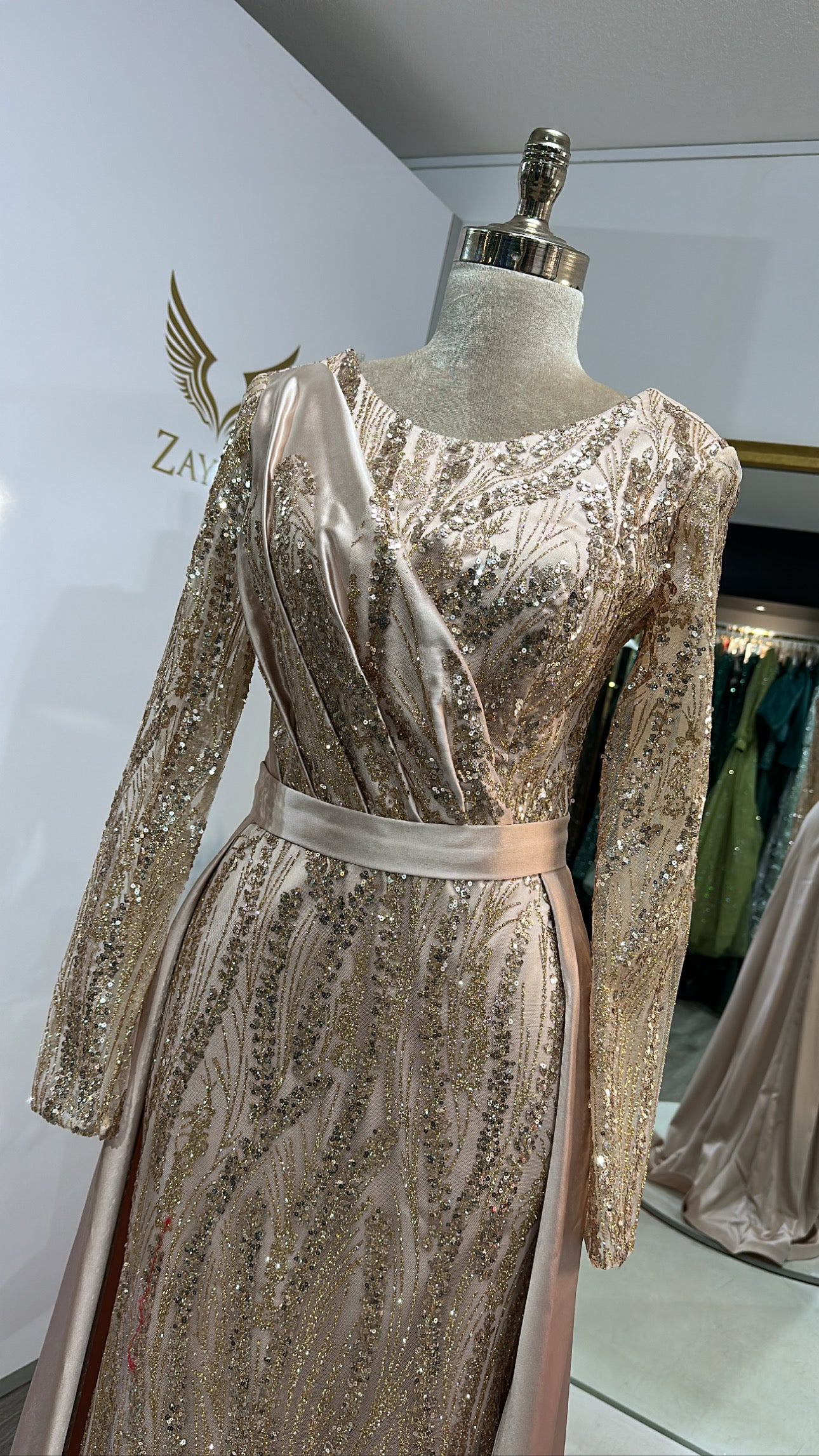 Beautiful gold dress decorated, train, satin