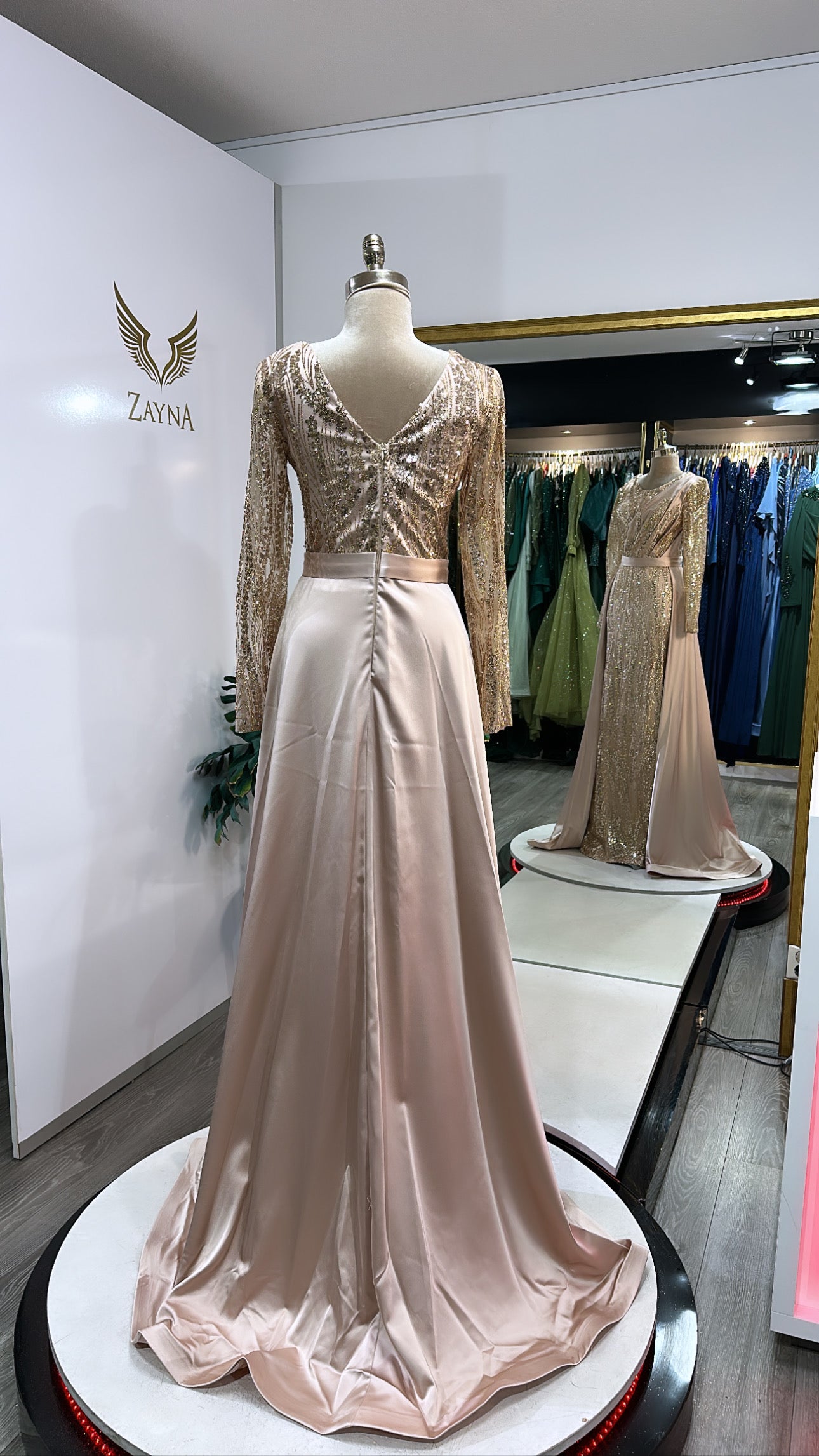 Beautiful gold dress decorated, train, satin
