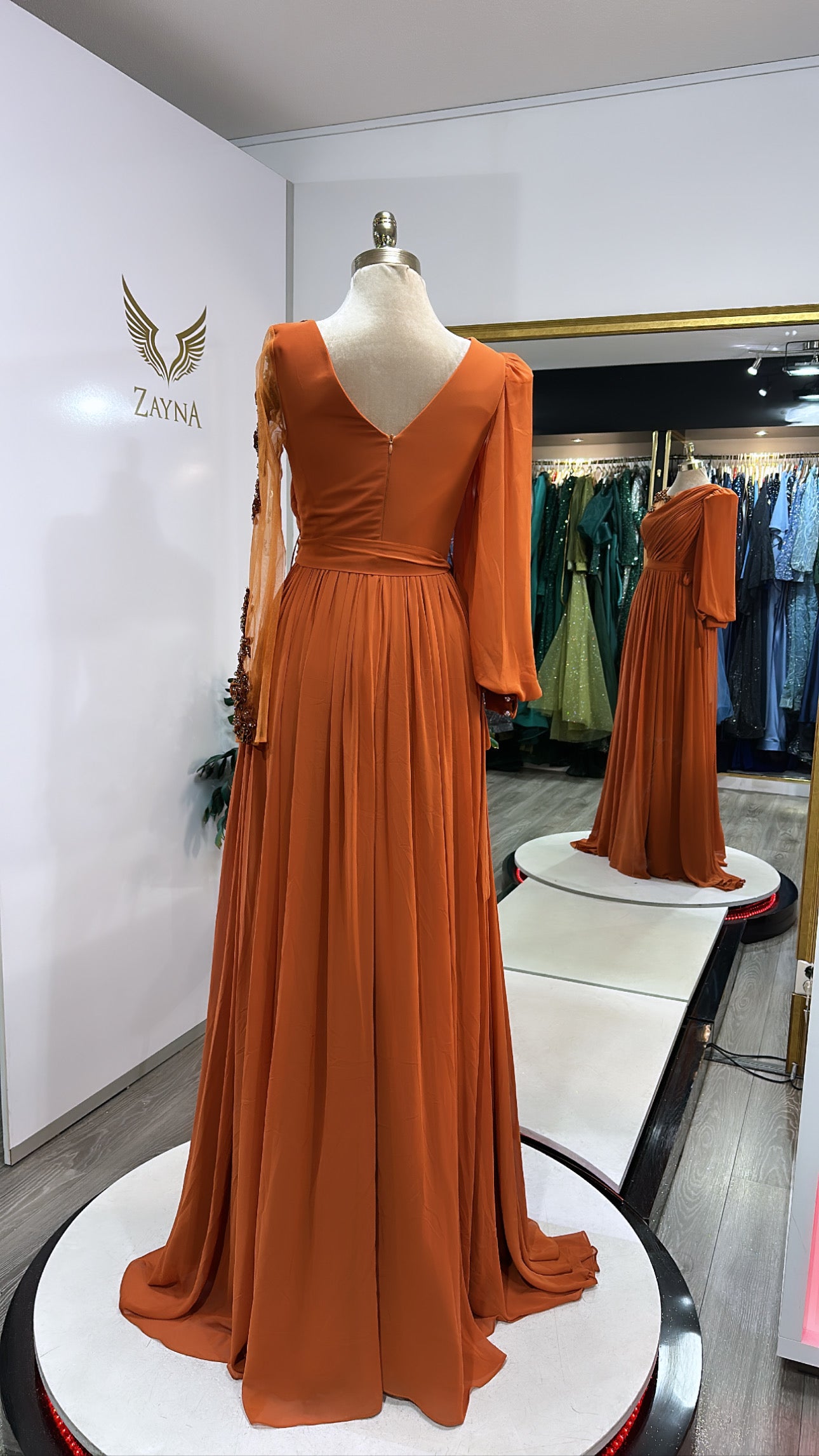 Elegant orange dress chiffon fabric with slit