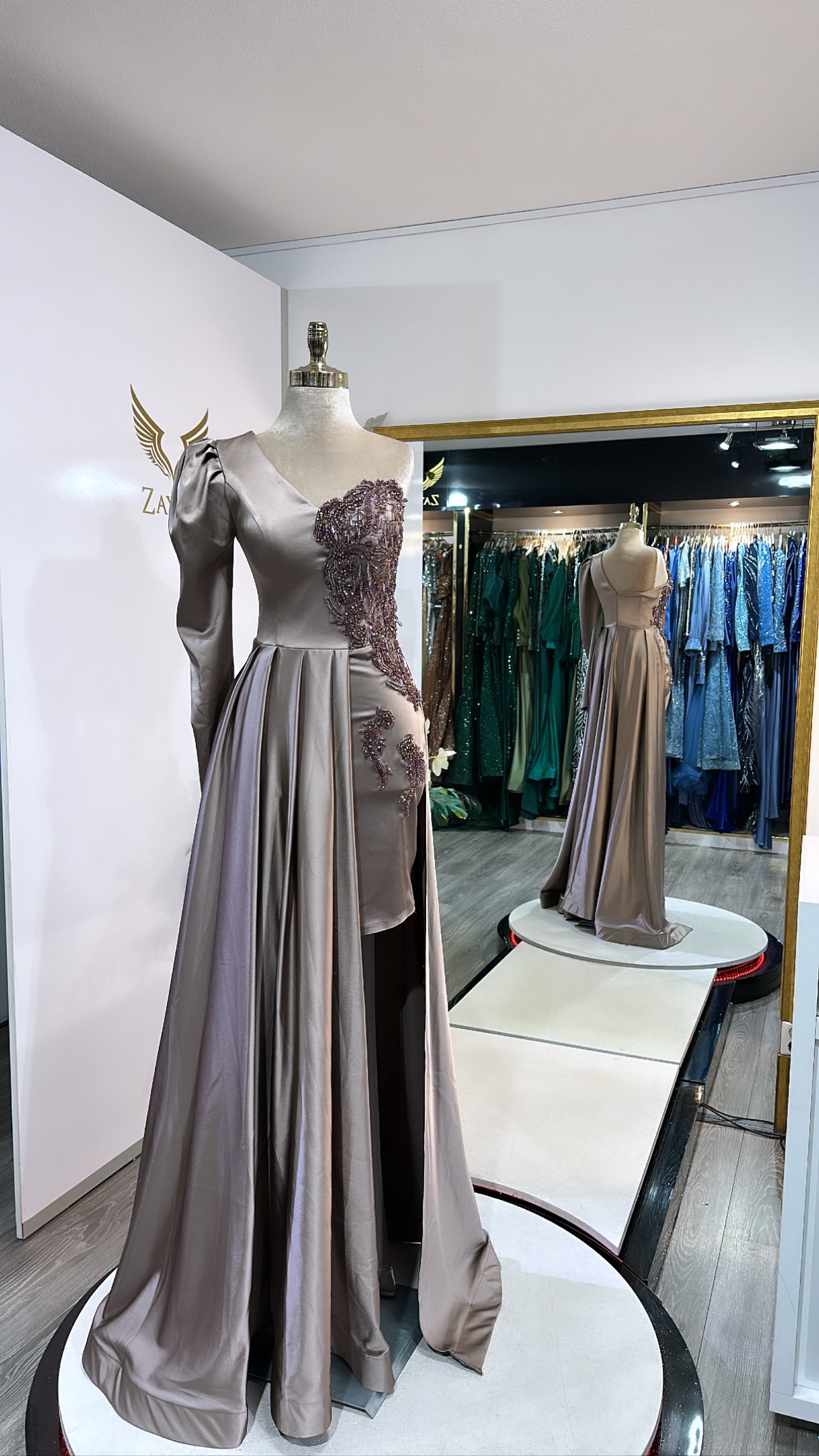 Elegant copper dress worked, train, short skirt, satin