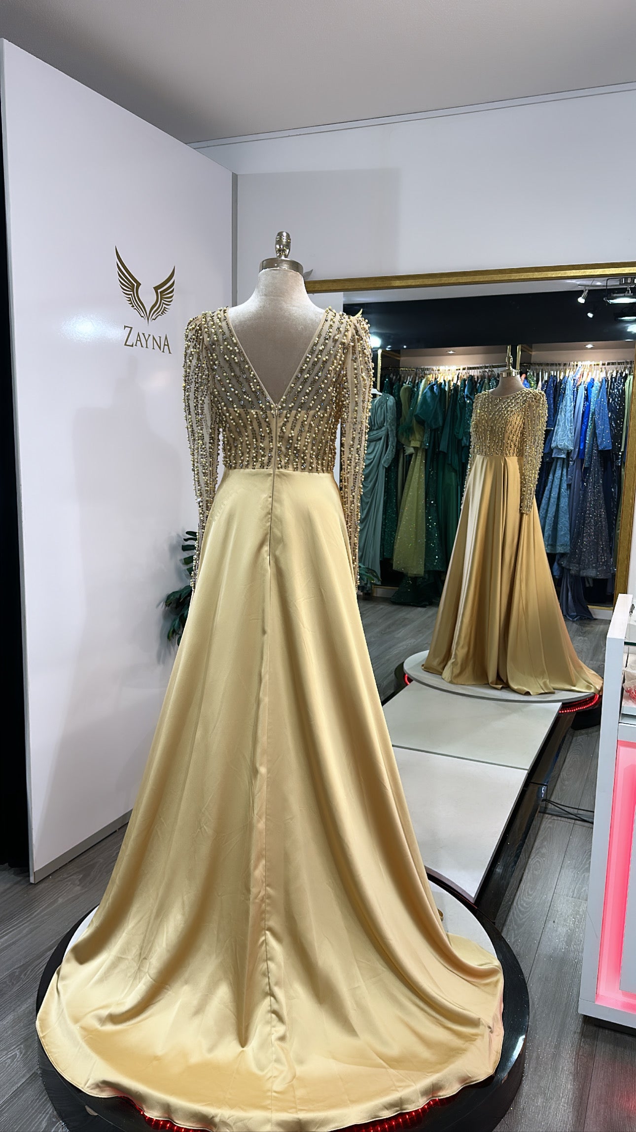 Elegant yellow dress beads, satin, split