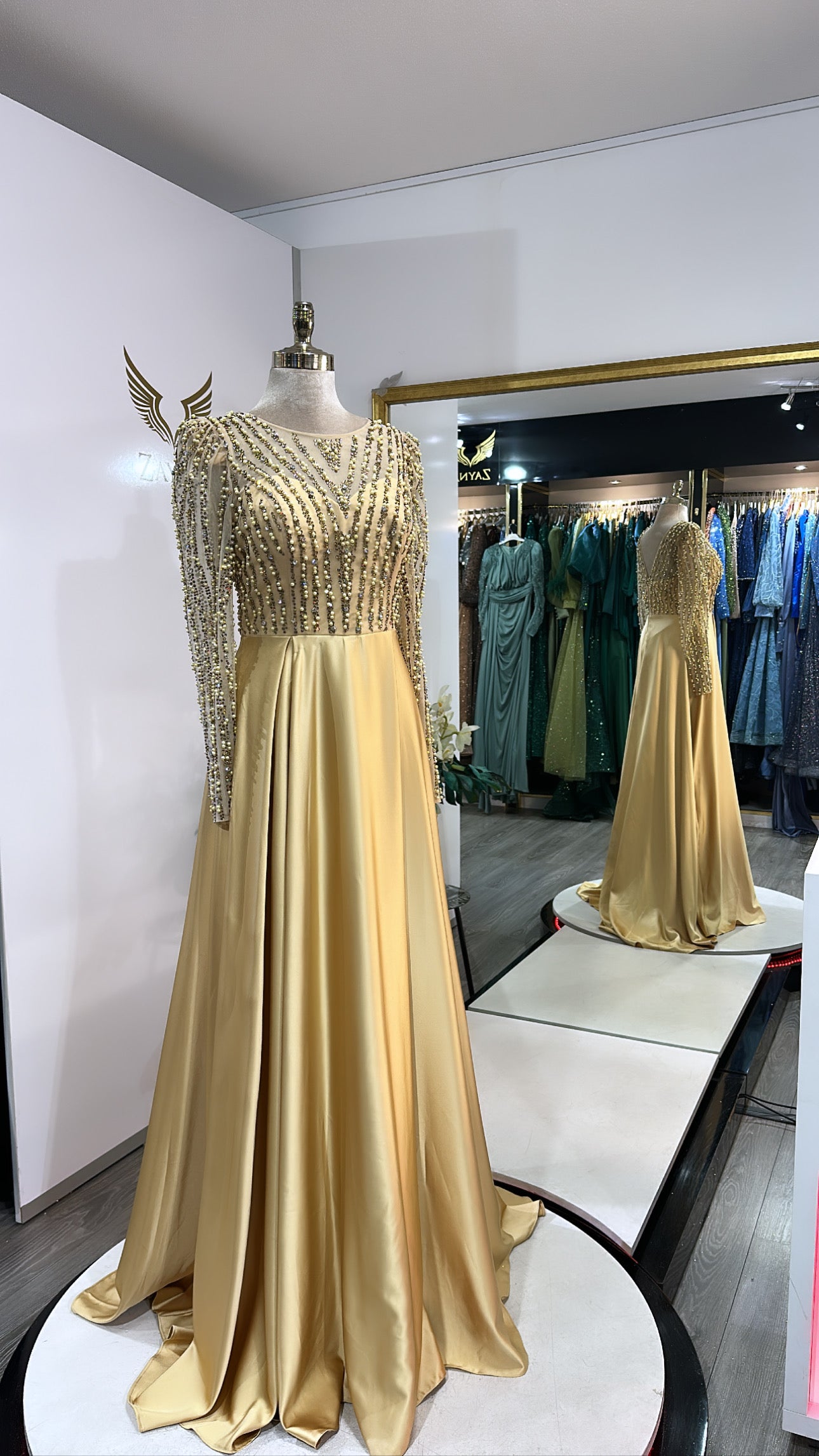 Elegant yellow dress beads, satin, split