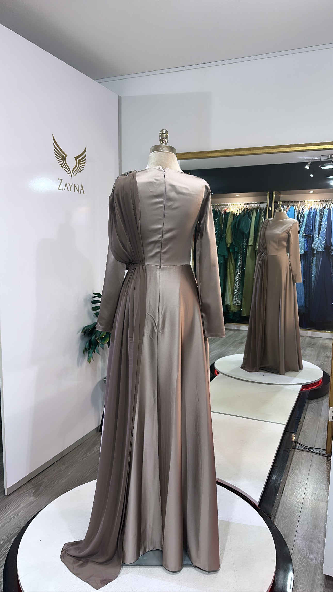Elegant copper dress details with tulle and motifs, satin