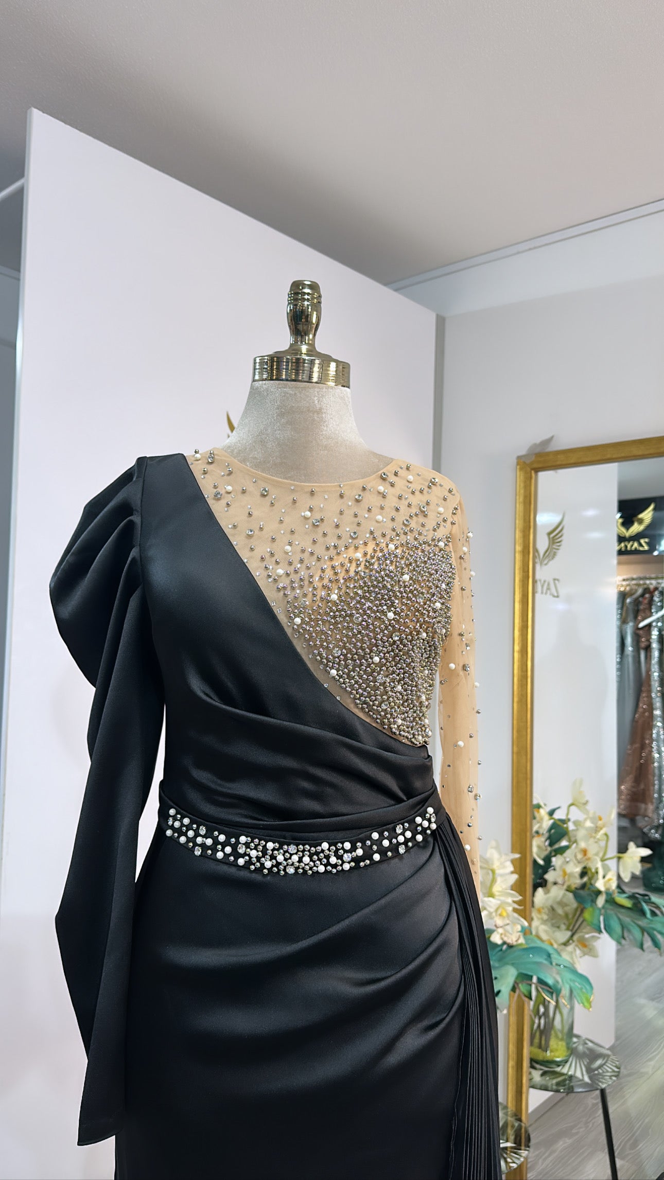 Elegant black dress decorated, satin