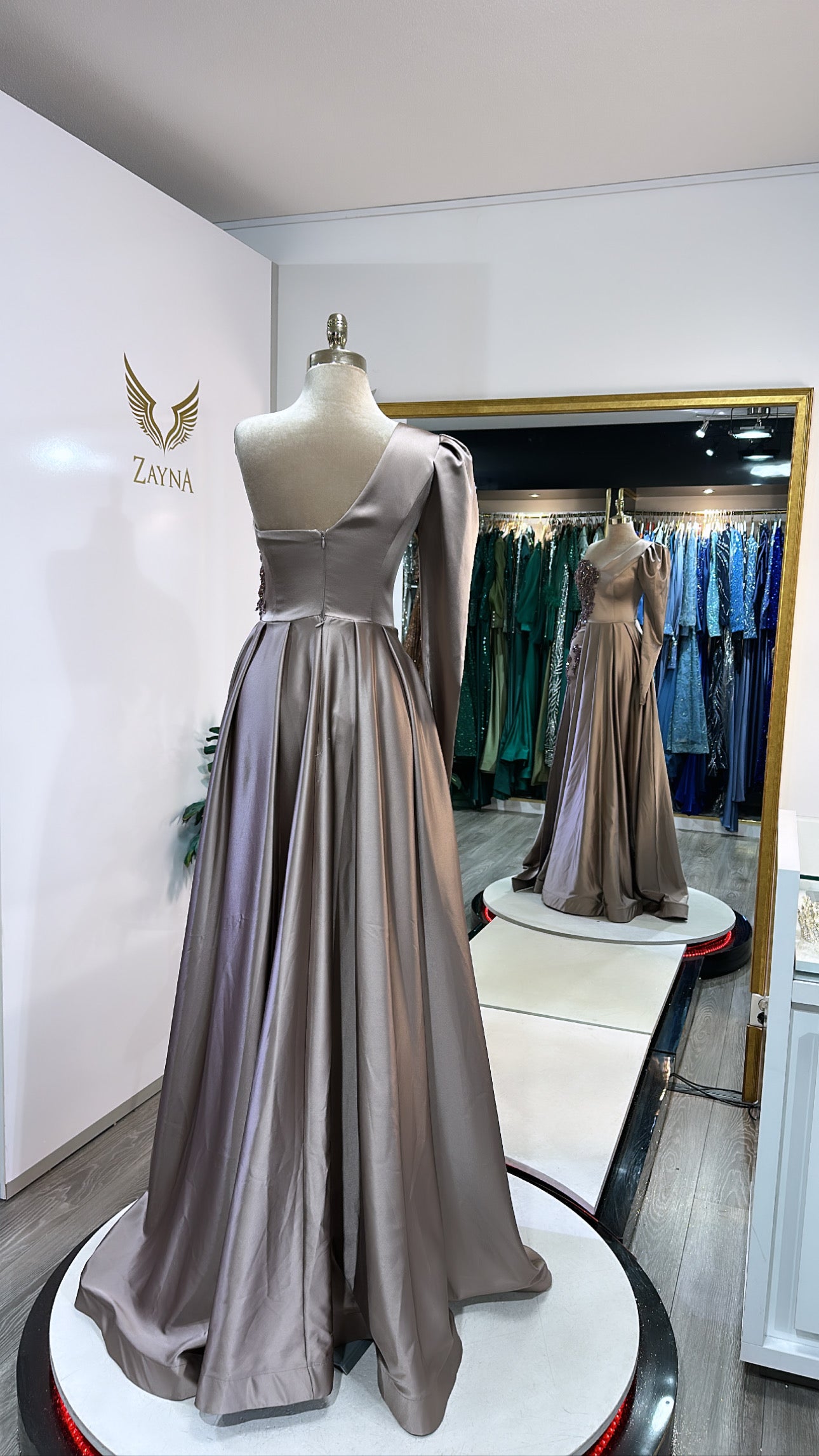 Elegant copper dress worked, train, short skirt, satin