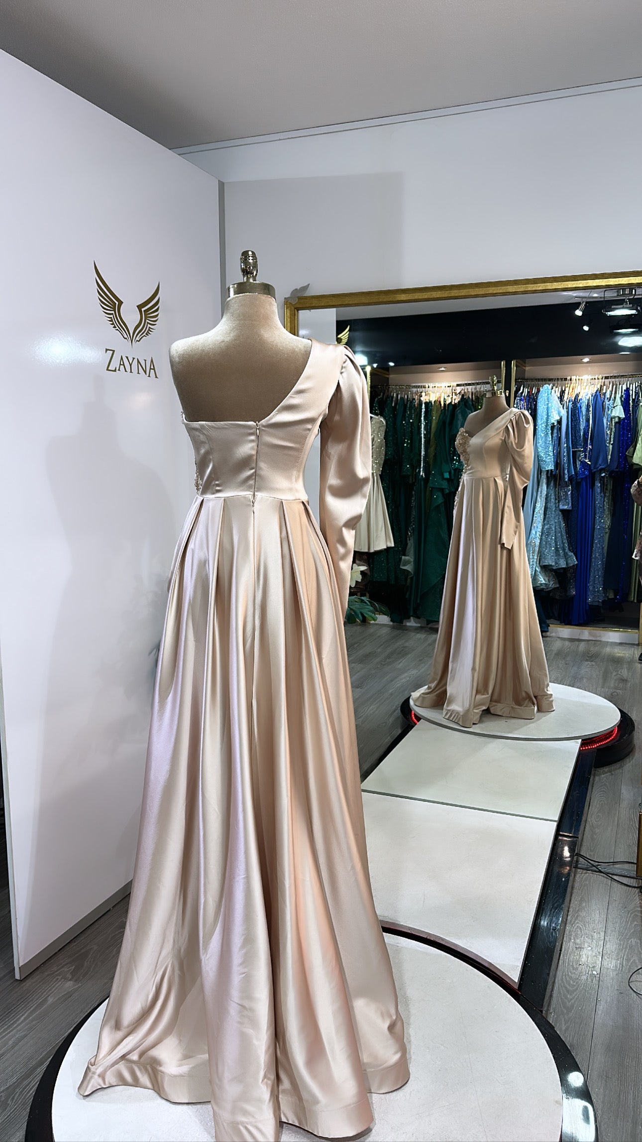 Elegant beige dress worked, train, short skirt, satin
