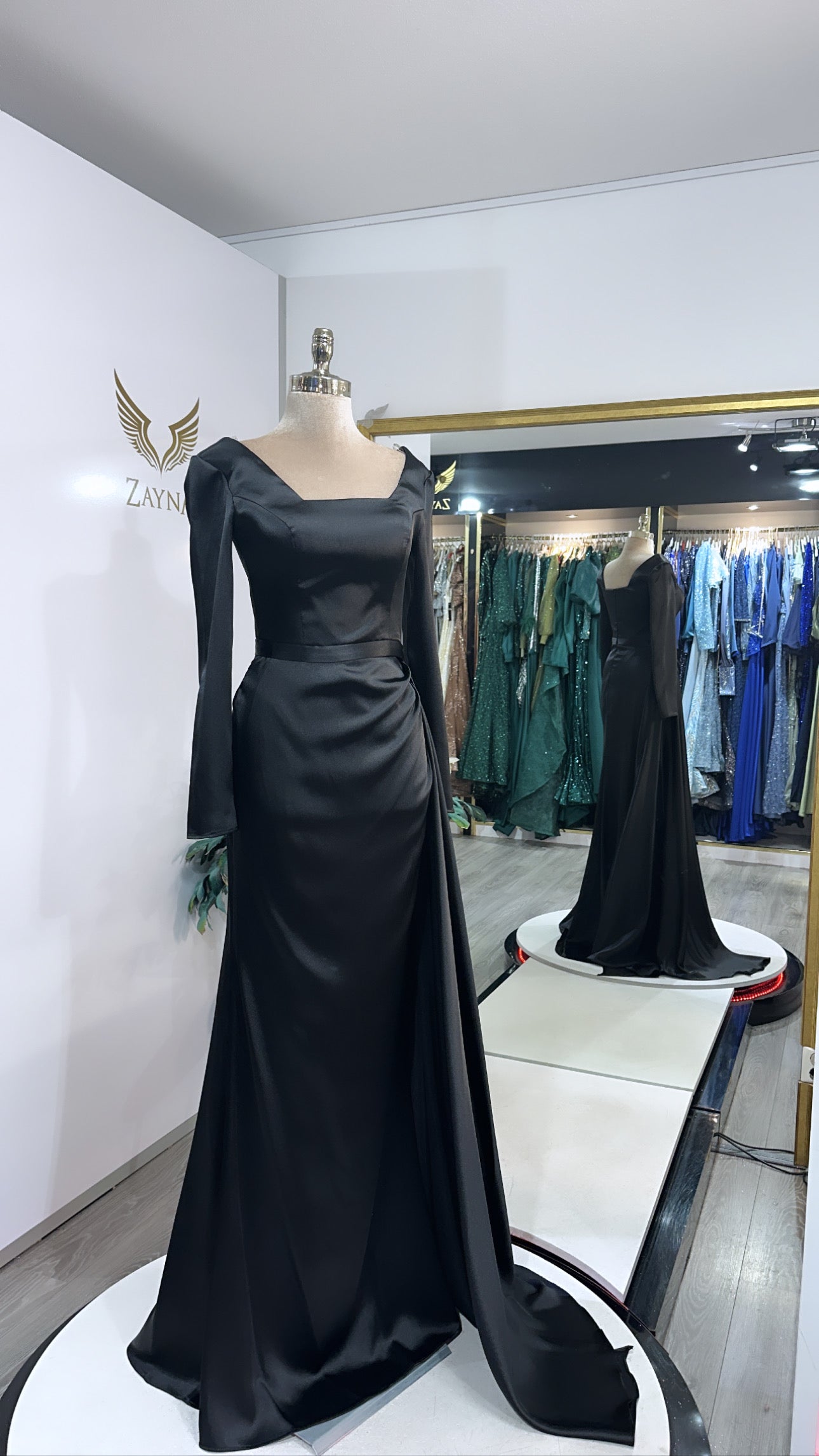 Elegant black dress train, satin