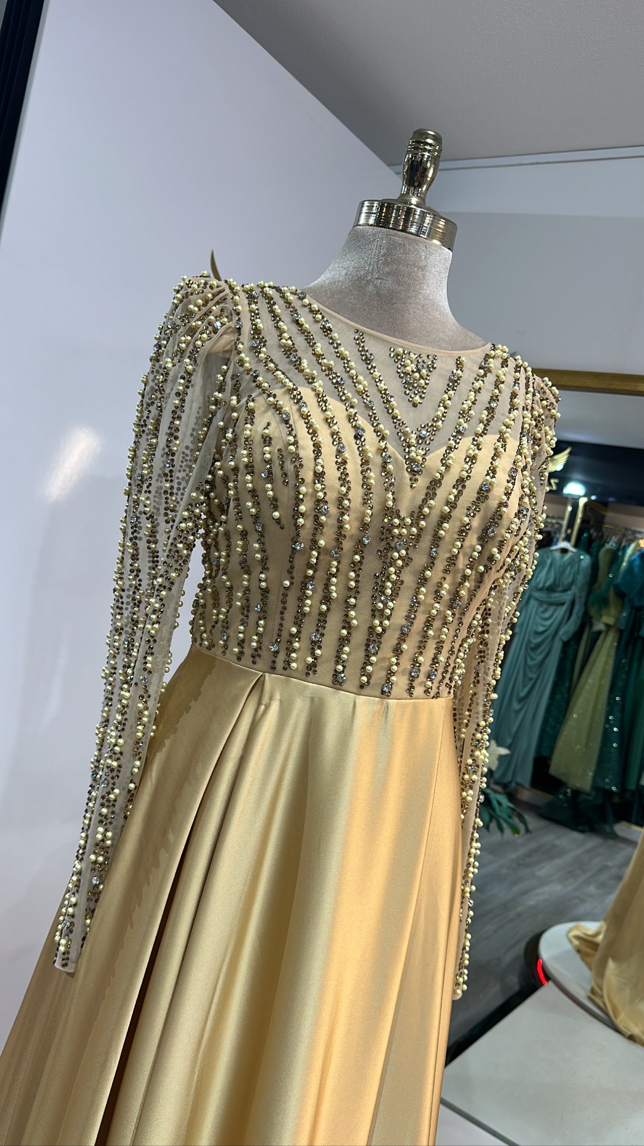 Elegant yellow dress beads, satin, split