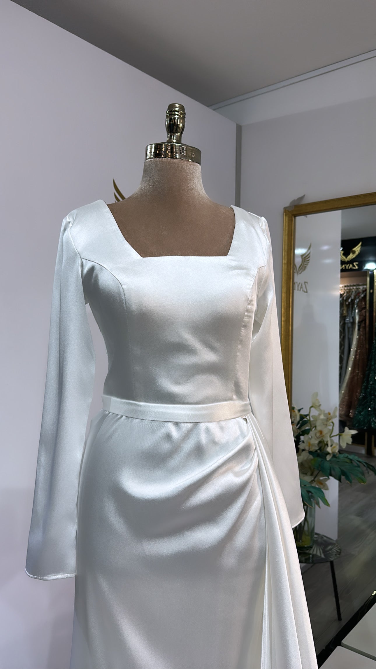 Elegant white dress train, satin