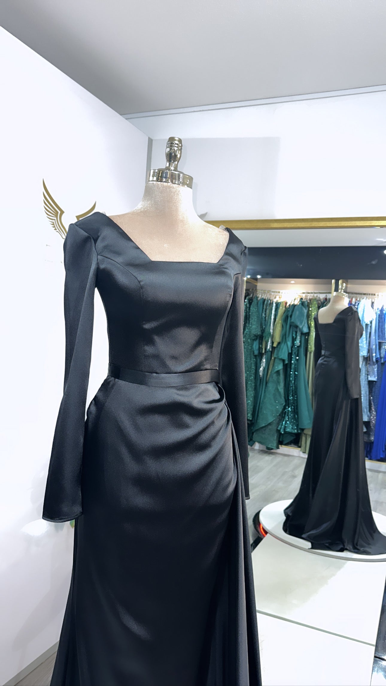 Elegant black dress train, satin