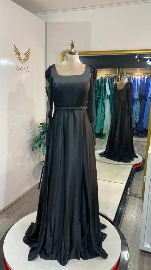 Elegant black dress with satin finished sleeves with beads