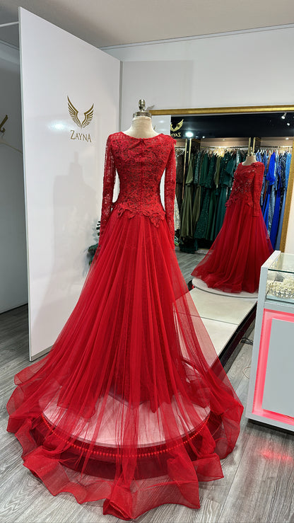Beautiful red dress worked, design, tulle, lace
