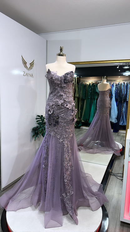 Elegant purple sleeveless dress worked design
