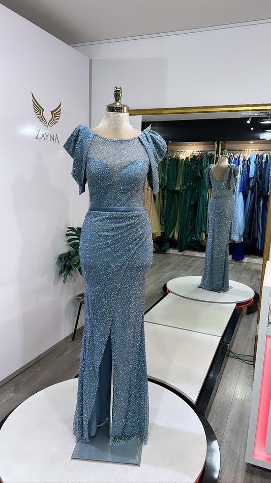 Elegant blue dress design, glitters, split