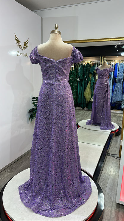 Elegant purple dress with train, glitter