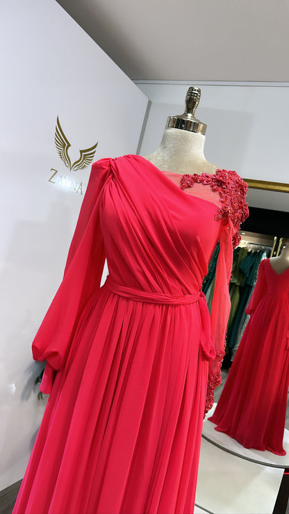 Elegant pink dress chiffon fabric, edited, split