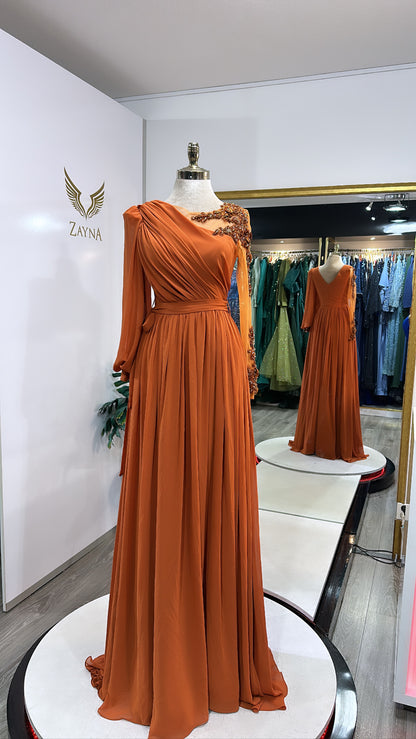 Elegant orange dress chiffon fabric with slit