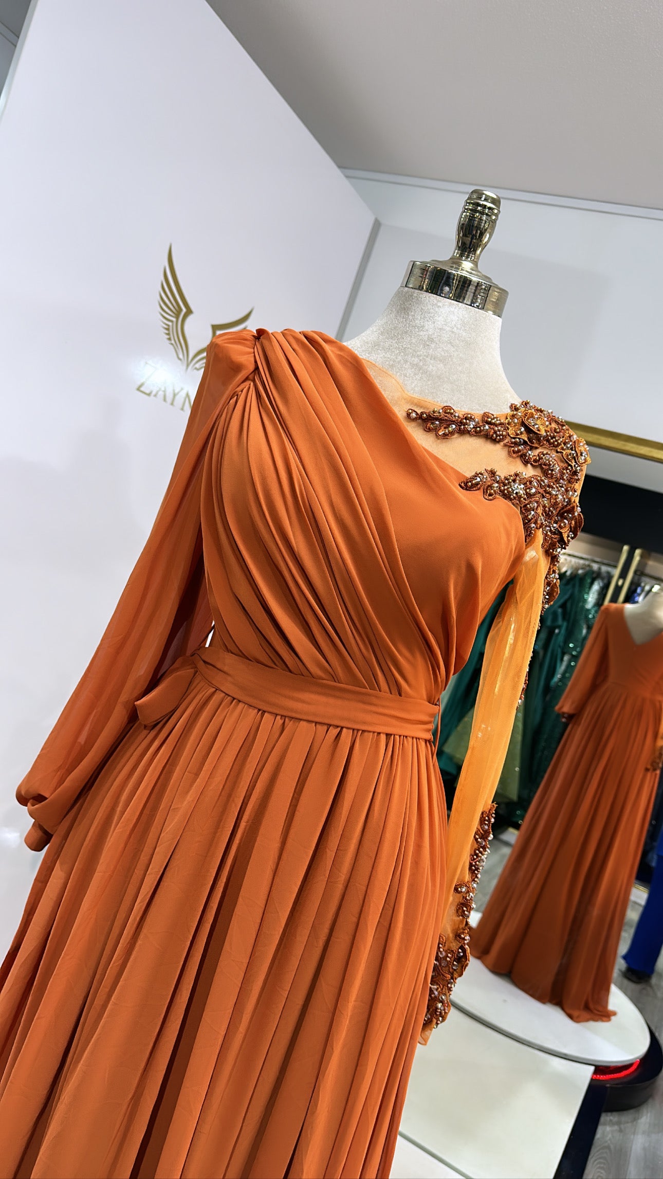 Elegant orange dress chiffon fabric with slit