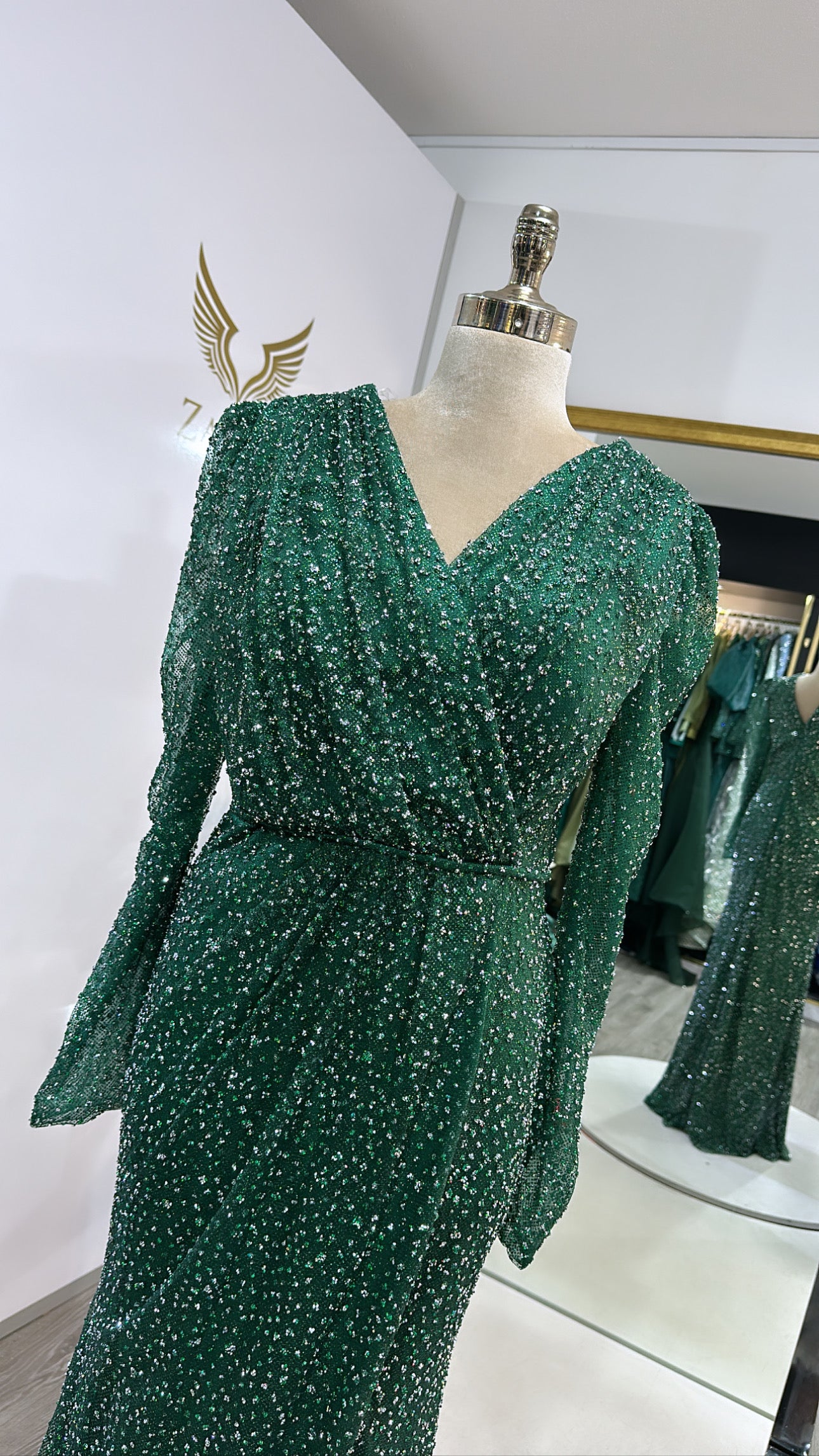 Elegant green dress with beads, slit