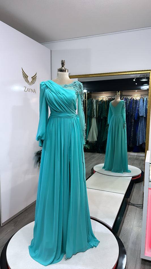 Elegant glass blue dress with one sleeve, split