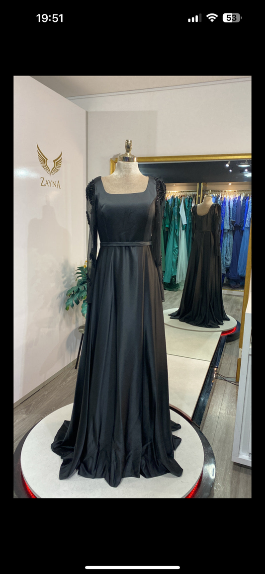 Elegant black dress with satin finished sleeves with beads