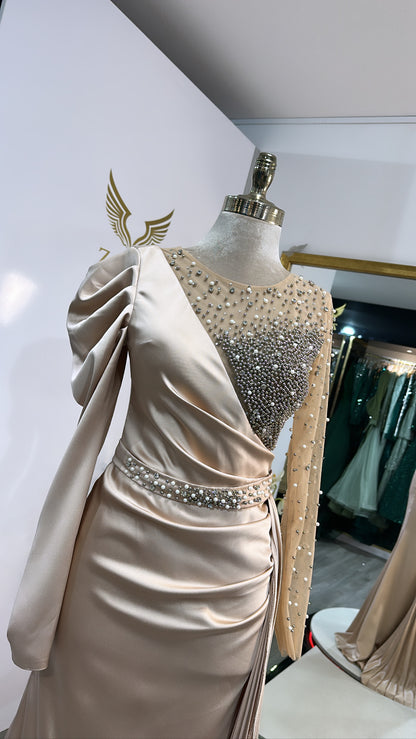 Elegant beige dress design with beads