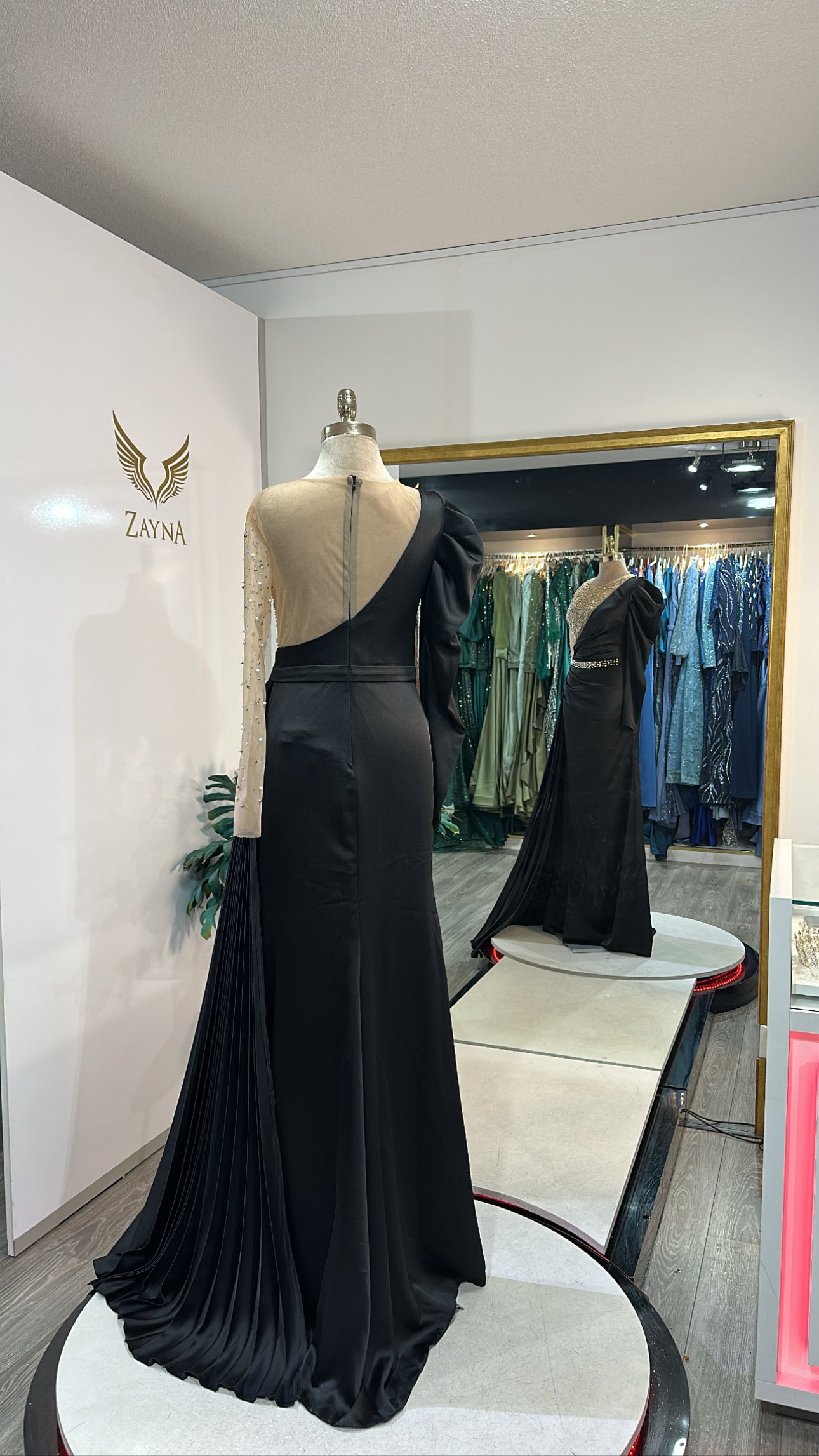 Elegant black dress decorated, satin