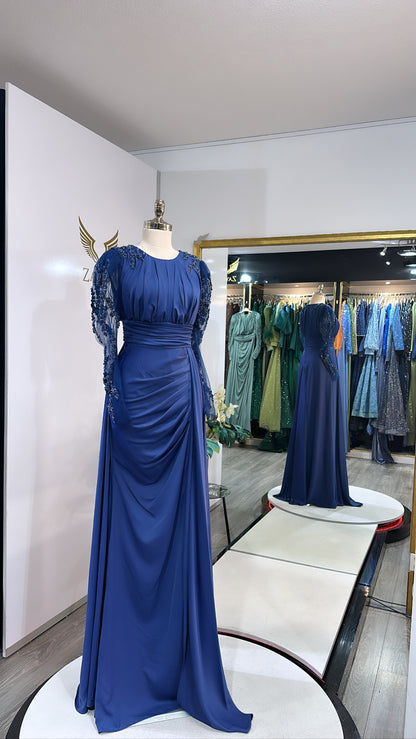 Elegant dark blue dress with beads, split
