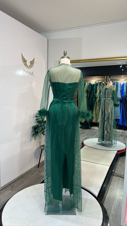 Elegant green dress 3 parts, satin, feathers at the sleeves