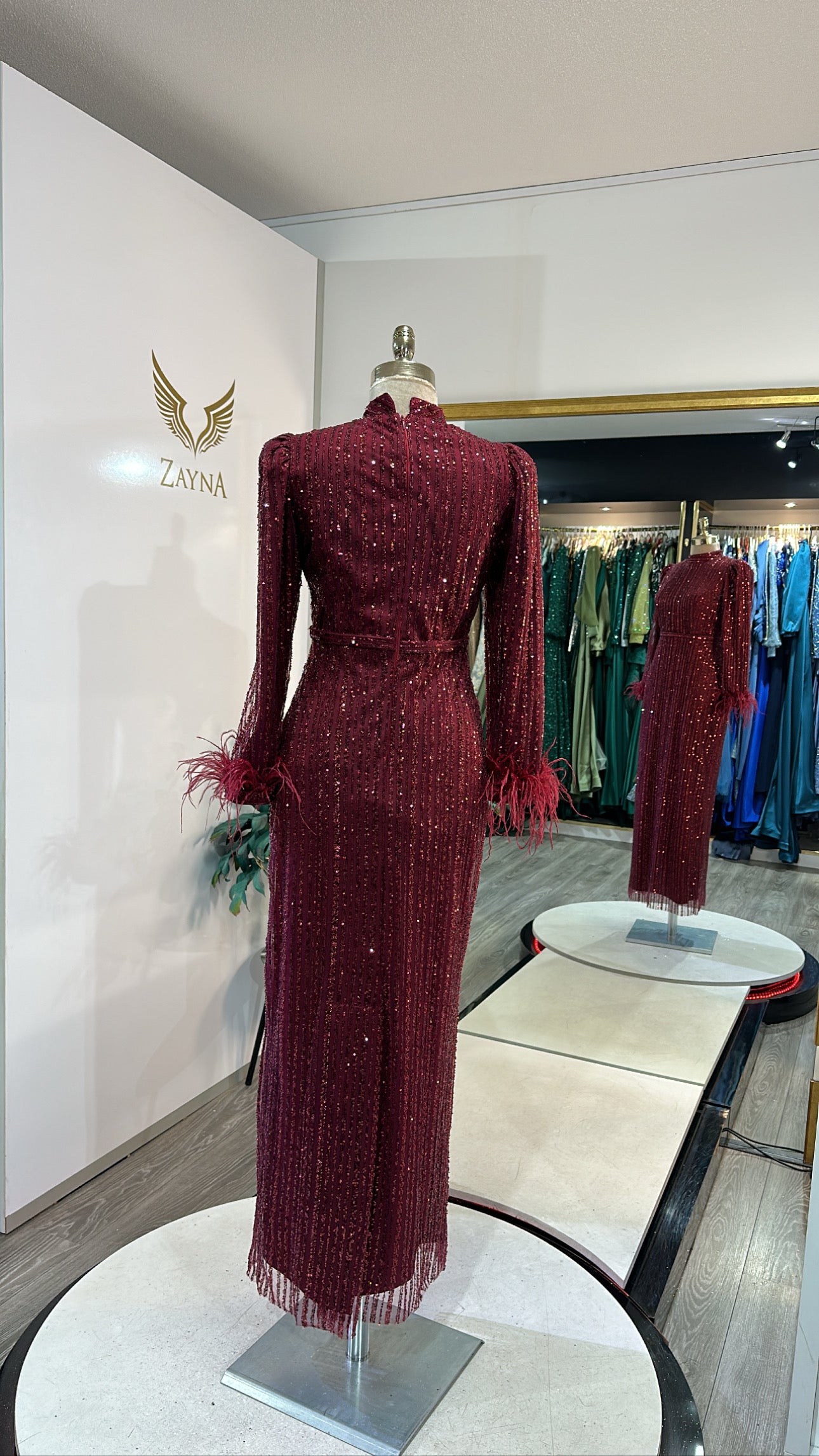 Elegant bordo dress with feathers