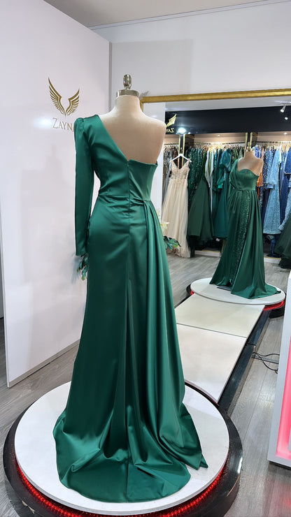 Elegant green dress one sleeve, satin, worked