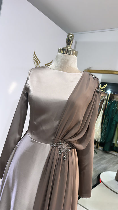 Elegant copper dress details with tulle and motifs, satin