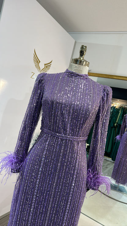 Elegant purple dress with glitter, feathers