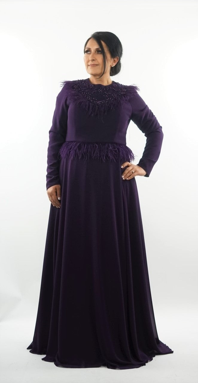 Purple long sleeved feather embellished maxi dress
