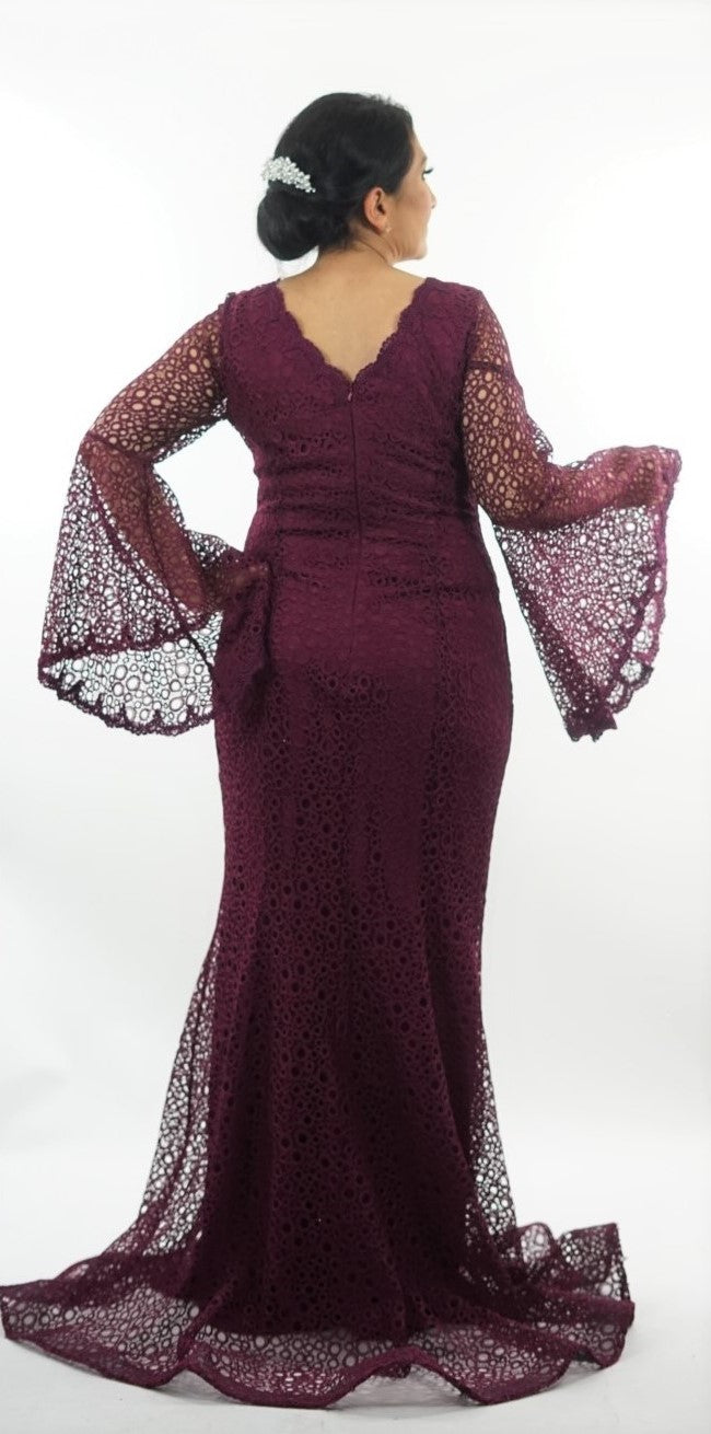 Burgundy red maxi dress with flute sleeves