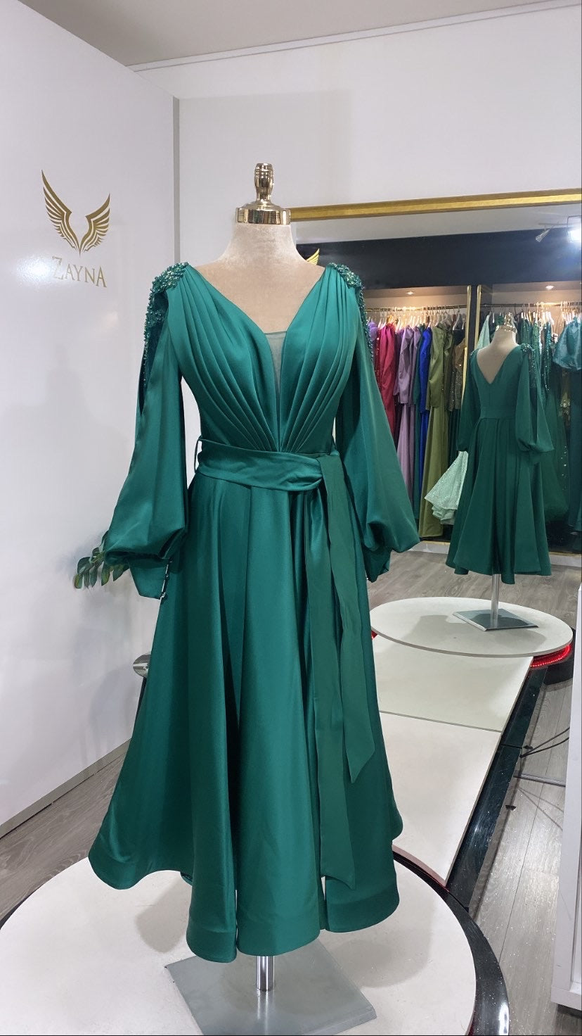Midi green dress with embroidered crystals