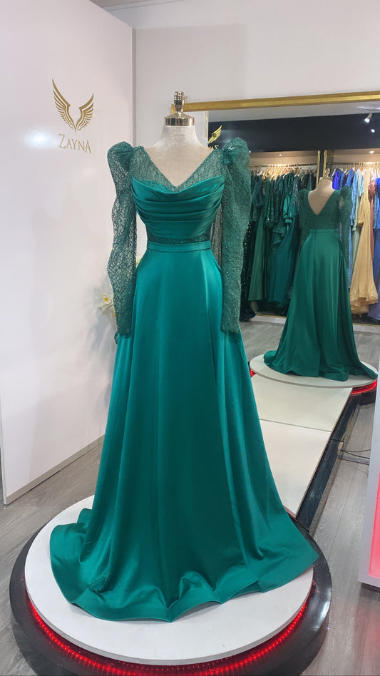 Elegant green dress tulle, satin, design