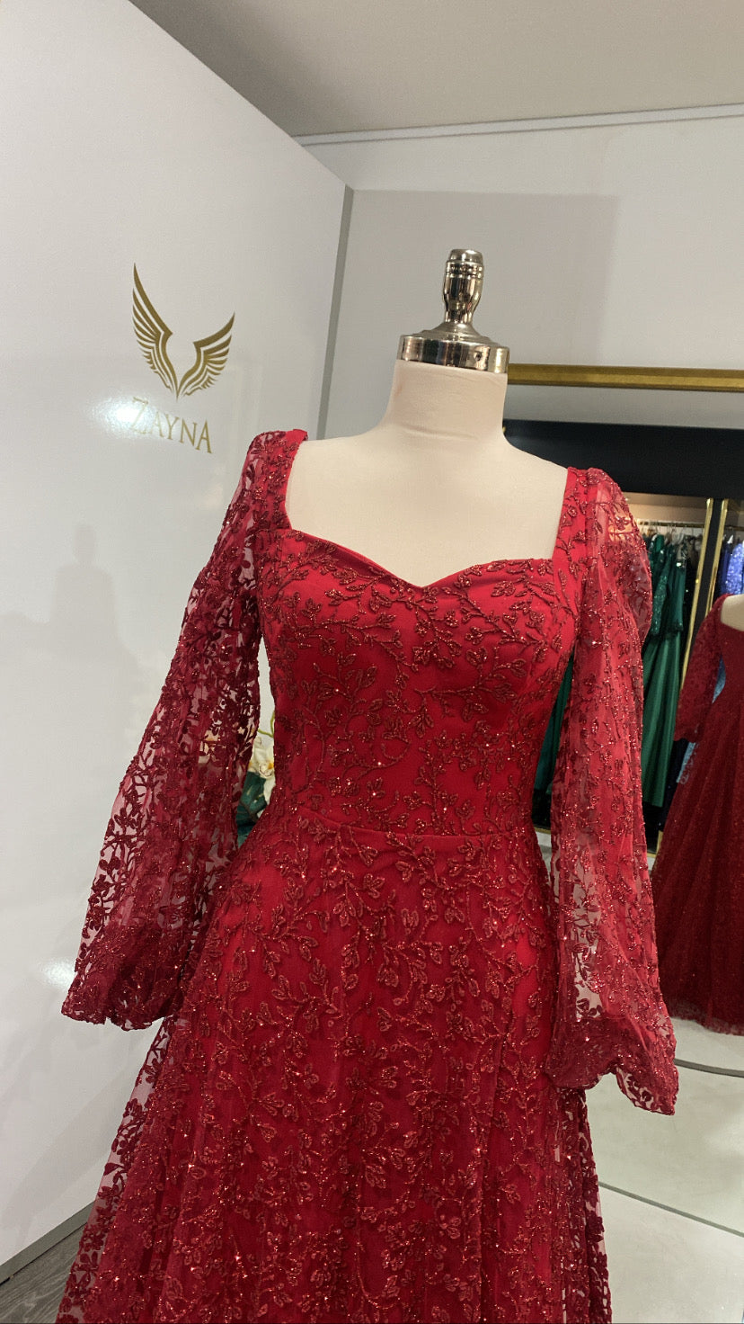 Elegant red dress with flower design and glitter