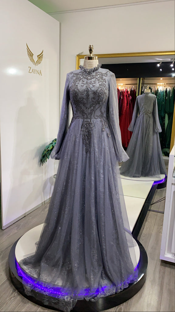 Elegant gray dress covered, beaded, tulle with glitter