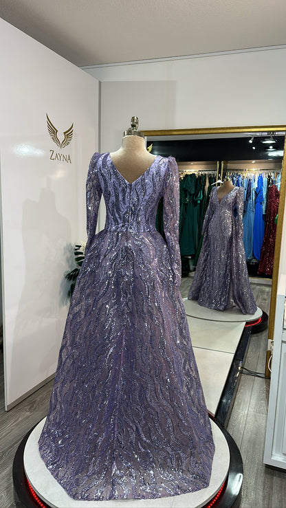 Elegant purple dress with glitter and train