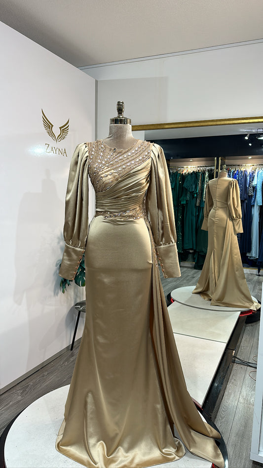 Elegant gold dress satin worked beaded, design