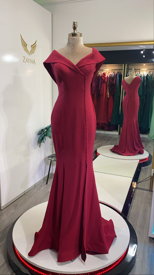 Our bordeaux off-schoulder dress