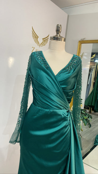 Elegant green dress processed satin