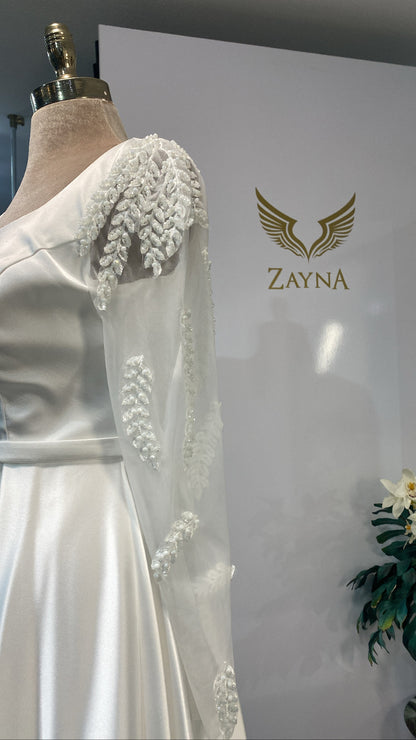 Elegant white dress decorated design soft satin