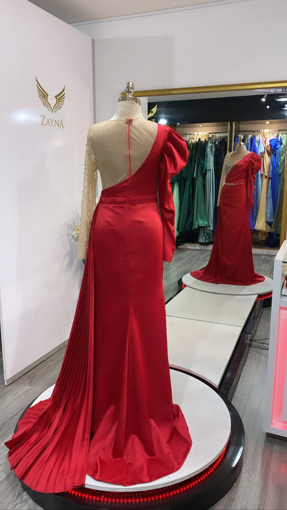 Elegant red dress with beaded satin