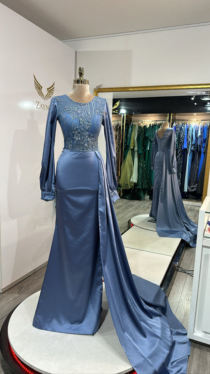 Elegant blue dress with split, glitter, satin